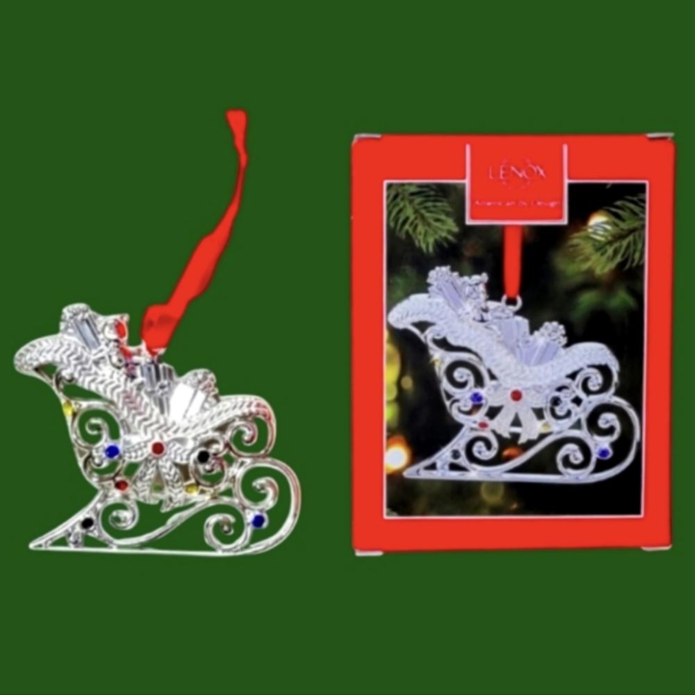 NEW Lenox Sparkle And Scroll Silver Sleigh Ornament with Multi-Colored Crystals - Picture 2 of 5